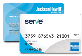 blue Jackson Hewitt American Express Debit Card behind a white Serve American Express debit card